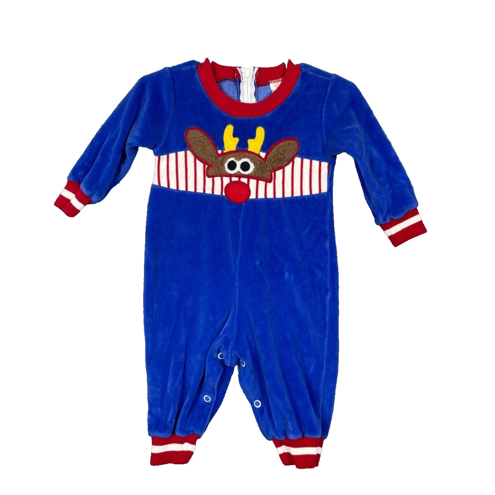 Vintage Buster Brown Blue Velour Reindeer One Piece Baby Size 6-9M
